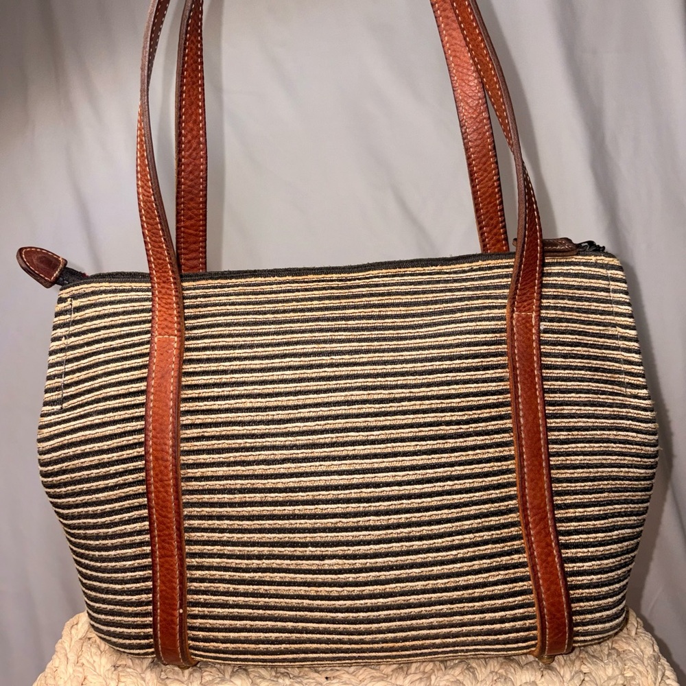 Eric Javits Straw Tote Bag Leather Straps Striped Boho Summer Handbag